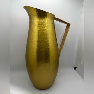 Anthropologie Pitcher Vase Brass Tone Hammered Finish Wood Wrapped Handle